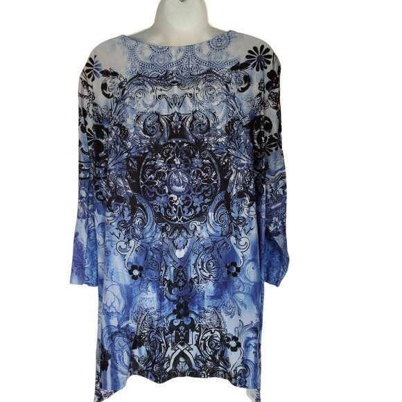 Simply Emma Tunic Top 2X Blue Black Beaded Crochet Neckline Empire Waist 3/4 Sle - Picture 5 of 6